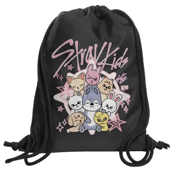 Stray Kids Pink, Τσάντα πλάτης πουγκί GYMBAG Μαύρη, με τσέπη (40x48cm) & χονδρά κορδόνια