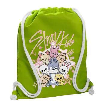 Stray Kids Pink, Backpack bag GYMBAG LIME GREEN, with pocket (40x48cm) & thick cords