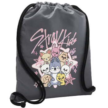 Stray Kids Pink, Τσάντα πλάτης πουγκί GYMBAG ΓΚΡΙ, με τσέπη (40x48cm) & χονδρά κορδόνια