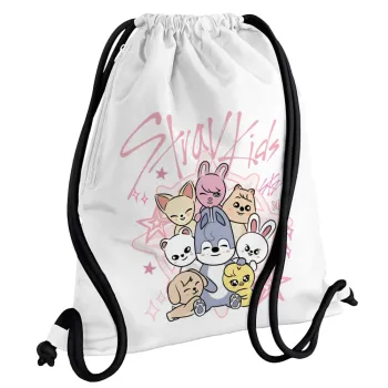 Stray Kids Pink, Τσάντα πλάτης πουγκί GYMBAG λευκή, με τσέπη (40x48cm) & χονδρά κορδόνια