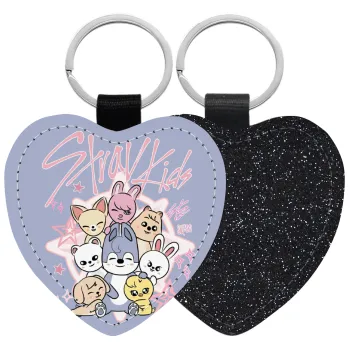 Stray Kids Pink, Μπρελόκ PU δερμάτινο glitter καρδιά ΜΑΥΡΟ