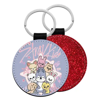 Stray Kids Pink, Μπρελόκ Δερματίνη, στρογγυλό ΚΟΚΚΙΝΟ (5cm)