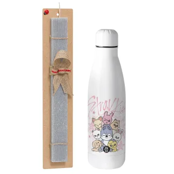 Stray Kids Pink, Easter Set, metallic stainless thermos bottle (500ml) & scented flat Easter candle (30cm) (GRAY)