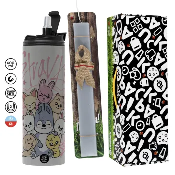 Stray Kids Pink, Easter candle with Grey Tumbler Thermo 600ml & aromatic flat candle (30cm) (GREY)