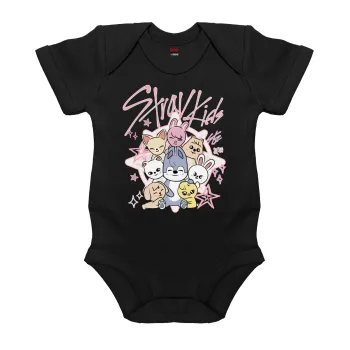 Stray Kids Pink, Βρεφικό φορμάκι μωρού, 0-18 μηνών, ΜΑΥΡΟ, 100% Organic Cotton, κοντομάνικο