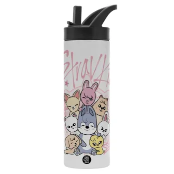 Stray Kids Pink, Metallic thermos bottle with straw & handle, stainless steel (Stainless steel 304), double-walled, 600ml.
