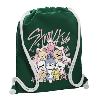 Stray Kids Pink, Τσάντα πλάτης πουγκί GYMBAG BOTTLE GREEN, με τσέπη (40x48cm) & χονδρά λευκά κορδόνια
