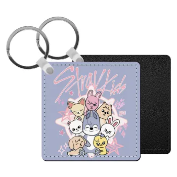 Stray Kids Pink, Μπρελόκ Δερματίνη, τετράγωνο ΜΑΥΡΟ (5x5cm)