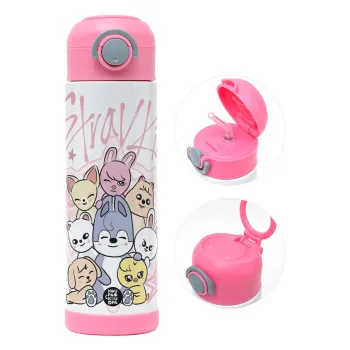 Stray Kids Pink, Children's hot water bottle, stainless steel, with safety straw, PINK (500ml)