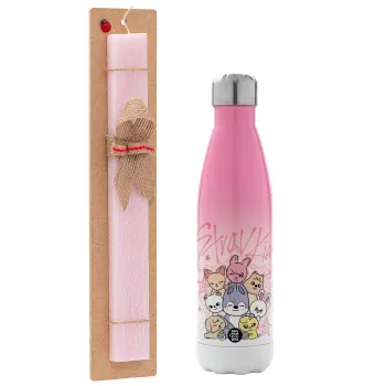 Stray Kids Pink, Easter Set, Metallic pink/white (Stainless steel) thermos, double-walled, 500ml & aromatic flat Easter candle (30cm) (PINK)