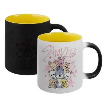 Stray Kids Pink, Κούπα Μαγική εσωτερικό κίτρινη, κεραμική 330ml που αλλάζει χρώμα με το ζεστό ρόφημα