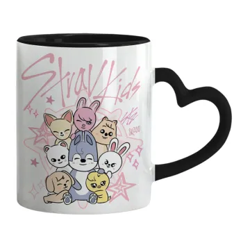 Stray Kids Pink, Κούπα καρδιά χερούλι μαύρη, κεραμική, 330ml
