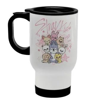 Stray Kids Pink, Stainless steel travel mug with lid, double wall white 450ml