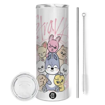 Stray Kids Pink, Tumbler ποτήρι θερμό από ανοξείδωτο ατσάλι 600ml, με μεταλλικό καλαμάκι & βούρτσα καθαρισμού