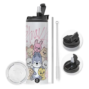 Stray Kids Pink, Travel Tumbler 2 Lids, with metal straw & cleaning brush (Stainless steel 304 Food grade, BPA free, 600ml)