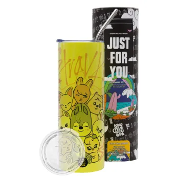 Stray Kids Pink, Neon Yellow Travel Tumbler θερμό, μεταλλικό καλαμάκι(Ανωξείδωτο 304 Food grade, BPA free, 600ml)
