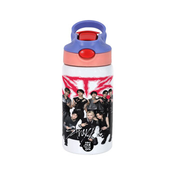 Stray Kids k-pop band, Παιδικό παγούρι θερμό, ανοξείδωτο, με καλαμάκι ασφαλείας, ροζ/μωβ (350ml)