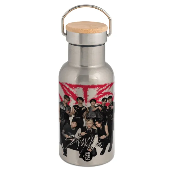 Stray Kids k-pop band — Stainless steel metallic thermos flask, silver with a bamboo lid, double-walled, 350ml.