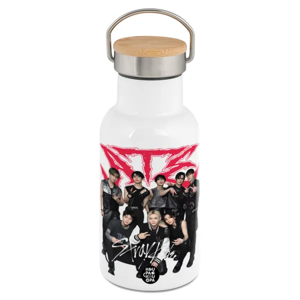 Stray Kids k-pop band — Metallic thermos (Stainless steel) White with wooden lid (bamboo), double-walled, 350ml