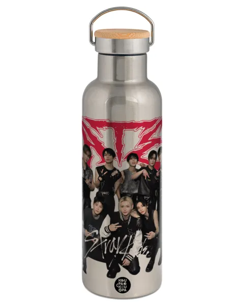 Stray Kids k-pop band — Μεταλλικό παγούρι θερμός (Stainless steel) Ασημένιο με ξύλινο καπακι (bamboo), διπλού τοιχώματος, 750ml