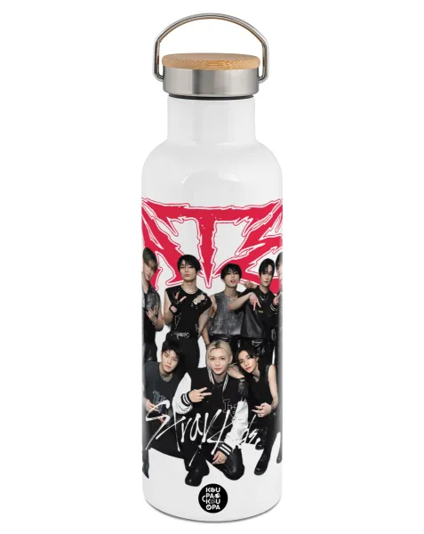 Stray Kids k-pop band — Stainless steel White with wooden lid (bamboo), double wall, 750ml