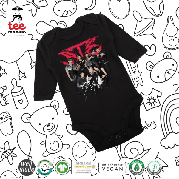 Stray Kids k-pop band — Μακρυμάνικο βρεφικό φορμάκι, 0-18 μηνών, ΜΑΥΡΟ, 100% Organic Cotton