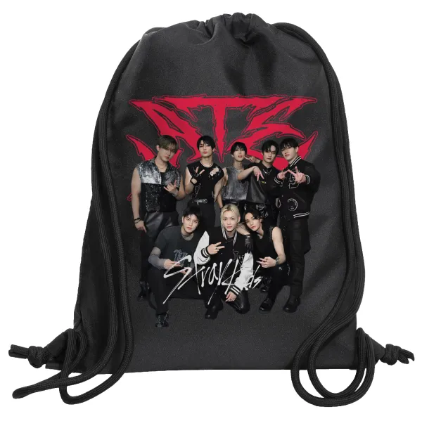 Stray Kids k-pop band — Τσάντα πλάτης πουγκί GYMBAG Μαύρη, με τσέπη (40x48cm) & χονδρά κορδόνια