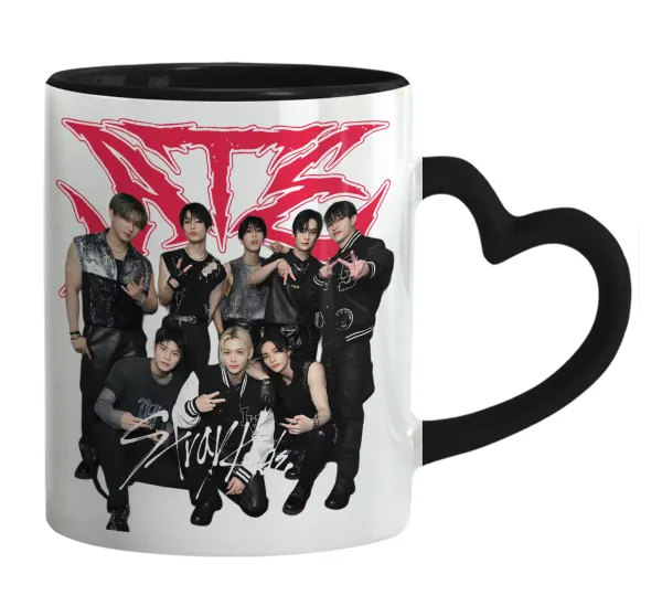 Stray Kids k-pop band — Κούπα καρδιά χερούλι μαύρη, κεραμική, 330ml