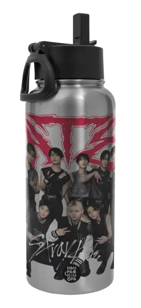 Stray Kids k-pop band — Μεταλλικό παγούρι θερμός Silver με καλαμάκι και χερούλι (Stainless steel), διπλού τοιχώματος, 950ml