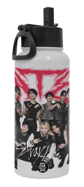Stray Kids k-pop band — Metal mug thermo White with Straw and Spout Lid (Stainless steel), double wall, 950ml