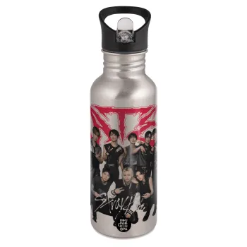 Stray Kids k-pop band, Παγούρι νερού Ασημένιο με καλαμάκι, ανοξείδωτο ατσάλι 600ml