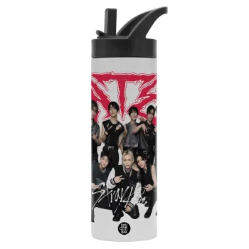 Stray Kids k-pop band, Μεταλλικό παγούρι θερμός με καλαμάκι & χειρολαβή, ανοξείδωτο ατσάλι (Stainless steel 304), διπλού τοιχώματος, 600ml
