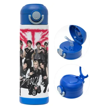 Stray Kids k-pop band, Παιδικό παγούρι θερμό, ανοξείδωτο, με καλαμάκι ασφαλείας, ΜΠΛΕ (500ml)