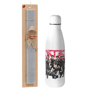 Stray Kids k-pop band, Easter Set, metallic stainless thermos bottle (500ml) & scented flat Easter candle (30cm) (GRAY)