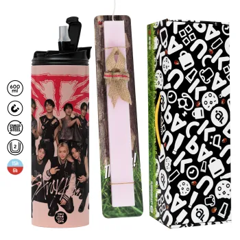 Stray Kids k-pop band, Easter candle,Travel Tumbler 2 Lids, with metal straw & cleaning brush & aromatic flat candle (30cm) (PINK)