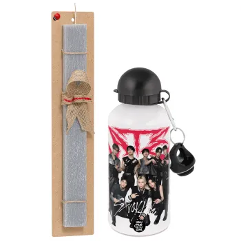Stray Kids k-pop band, Πασχαλινή Λαμπάδα με παγούρι μεταλλικό  αλουμινίου (500ml) & κερί αρωματικό πλακέ (30cm) (ΓΚΡΙ)