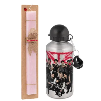 Stray Kids k-pop band, Easter Set, metallic Silver aluminum water bottle (500ml) & scented flat Easter candle (30cm) (PINK)