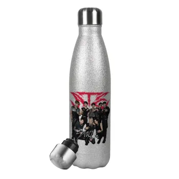 Stray Kids k-pop band, Metallic Glitter Silver Thermos Flask (Stainless steel), double-walled, 500ml