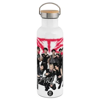 Stray Kids k-pop band, Μεταλλικό παγούρι θερμός (Stainless steel) Λευκό με ξύλινο καπάκι (bamboo), διπλού τοιχώματος, 750ml