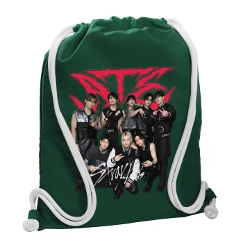 Stray Kids k-pop band, Τσάντα πλάτης πουγκί GYMBAG BOTTLE GREEN, με τσέπη (40x48cm) & χονδρά λευκά κορδόνια