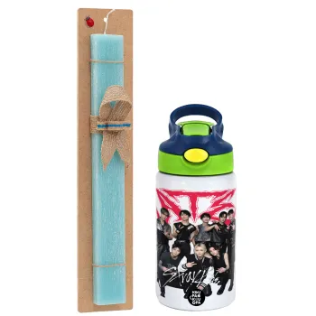 Stray Kids k-pop band, Easter Set, Children's thermal stainless steel bottle with safety straw, green/blue (350ml) & aromatic flat Easter candle (30cm) (TURQUOISE)