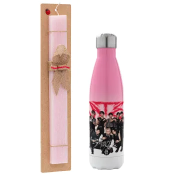 Stray Kids k-pop band, Easter Set, Metallic pink/white (Stainless steel) thermos, double-walled, 500ml & aromatic flat Easter candle (30cm) (PINK)
