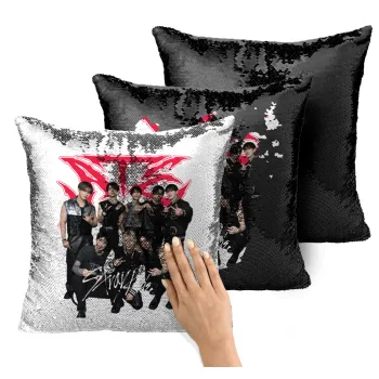 Stray Kids k-pop band, Μαξιλάρι καναπέ Μαγικό Μαύρο με πούλιες 40x40cm περιέχεται το γέμισμα