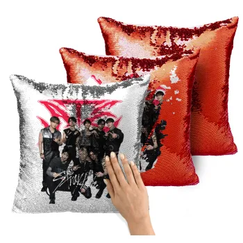 Stray Kids k-pop band, Μαξιλάρι καναπέ Μαγικό Κόκκινο με πούλιες 40x40cm περιέχεται το γέμισμα