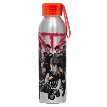 Stray Kids k-pop band, Aluminum Sports Bottle 650ml – Silver with Red Cap and Silicone Strap