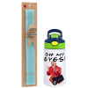 Easter Set, Children's thermal stainless steel bottle with safety straw, green/blue (350ml) & aromatic flat Easter candle (30cm) (TURQUOISE)