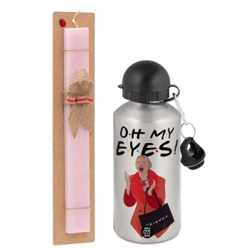 Friends,. oh my eyes Phoebe, Easter Set, metallic Silver aluminum water bottle (500ml) & scented flat Easter candle (30cm) (PINK)