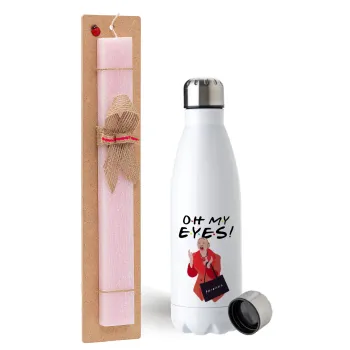 Friends,. oh my eyes Phoebe, Easter Set, metallic stainless steel water bottle (750ml) & scented flat Easter candle (30cm) (PINK)