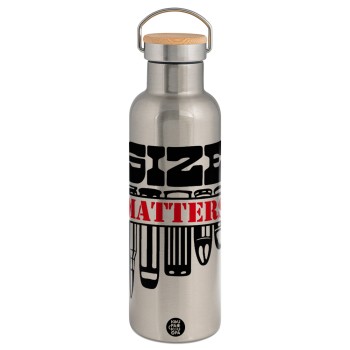 Size matters, Μεταλλικό παγούρι θερμός (Stainless steel) Ασημένιο με ξύλινο καπακι (bamboo), διπλού τοιχώματος, 750ml