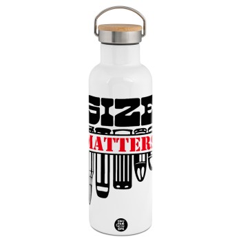 Size matters, Μεταλλικό παγούρι θερμός (Stainless steel) Λευκό με ξύλινο καπάκι (bamboo), διπλού τοιχώματος, 750ml